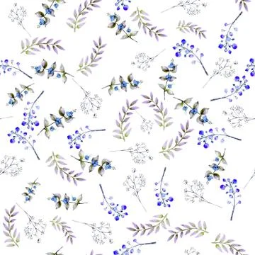 Seamless background. Set of flower branches, berries, leaves. Watercolor Stock Illustration