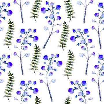 Seamless background. Set of flower branches, berries, leaves. Watercolor comp Stock Illustration
