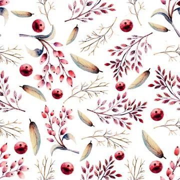 Seamless background. Set of flower branches, berries, leaves.Floral poster Stock Illustration