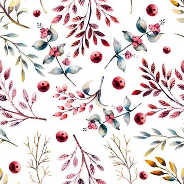 Seamless background. Set of flower branches, berries, leaves.Floral poster Stock Illustration