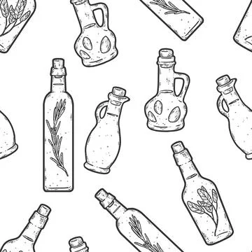 Seamless background set of jars with oil and spices. Sketch scratch. Stock Illustration
