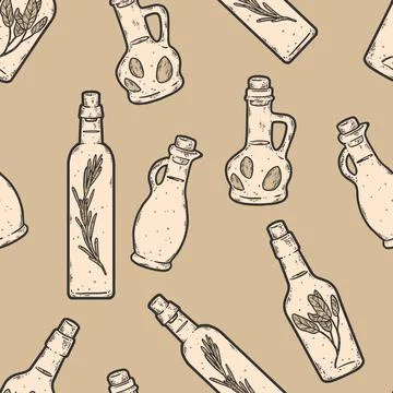 Seamless background set of jars with oil and spices. Sketch scratch sepia Stock Illustration