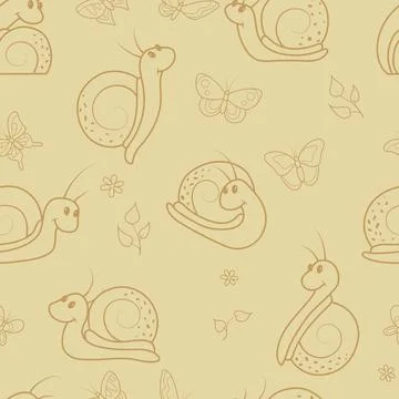Seamless background, set of snails, butterflies and leaves. Children vintage Stock Illustration