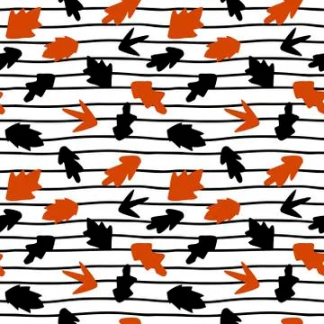 Seamless background with simple black and orange leaves on striped background. Stock Illustration