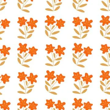 Seamless background of small simple flowers and twigs with it . Flat minimal  Stock Illustration