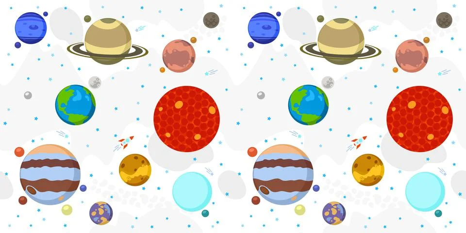Seamless Background Of Solar System With Cartoon Planets Sun Mars Mercury Earth Stock Illustration