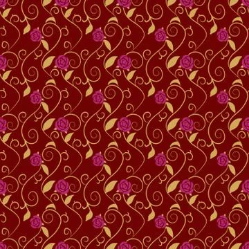 Seamless background spiral gold leaf vine purple pink rose flower イラスト素材