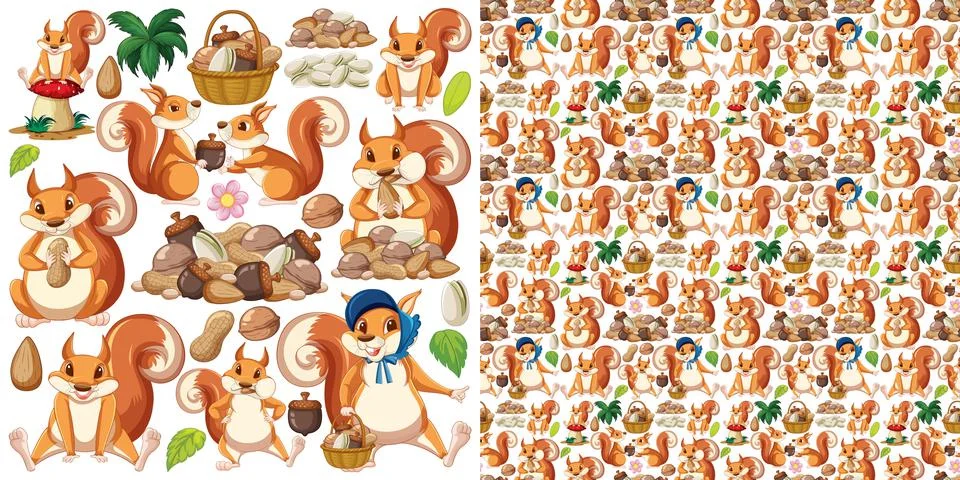 Seamless background with squirrels and nuts Stock Illustration