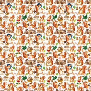 Seamless background with squirrels and nuts Stock Illustration