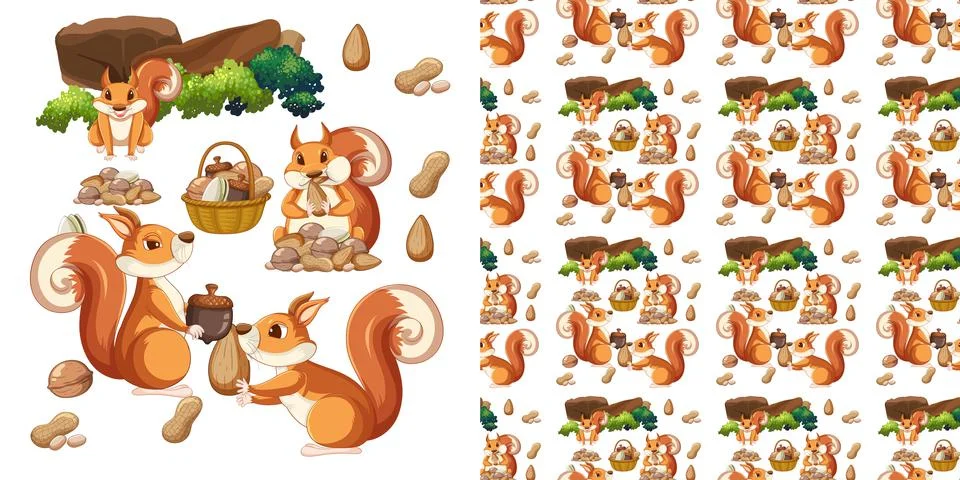 Seamless background with squirrels and walnuts Illustrazione stock