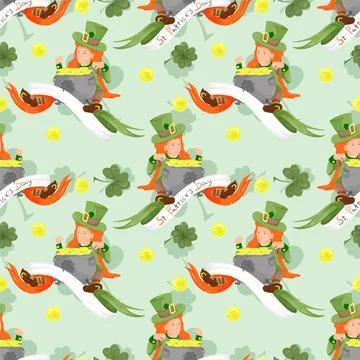 Seamless background for a St. Patricks Day themed design a seated girl holds Stock Illustration