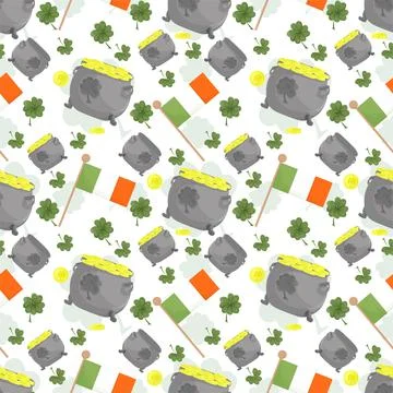Seamless background for St. Patricks Day themed design Cauldron with Gold coi Stock Illustration