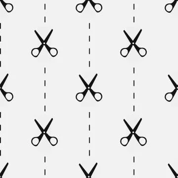 Seamless background, stationery scissors cut on the dotted line. Black scisso Illustrazione stock