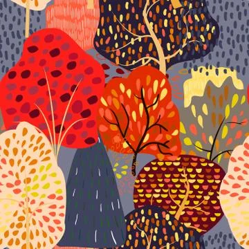 Seamless background with stylized autumn trees. Forest bright pattern. Stockillustratie
