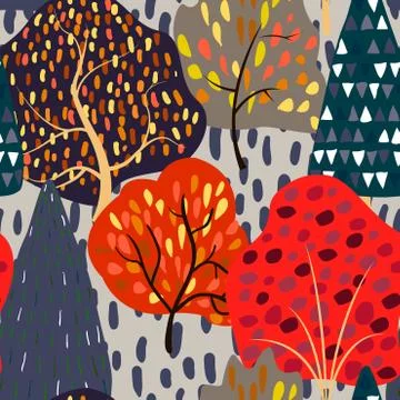 Seamless background with stylized autumn trees. Forest bright pattern. Stockillustratie