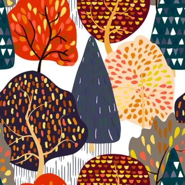 Seamless background with stylized autumn trees. Forest bright pattern. Stockillustratie