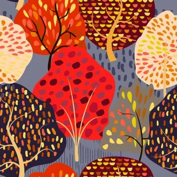 Seamless background with stylized autumn trees. Forest bright pattern. Stock Illustration