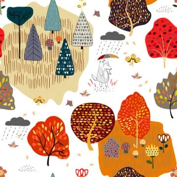 Seamless background with stylized autumn trees. Forest bright pattern. Stockillustratie