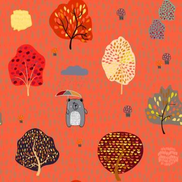 Seamless background with stylized autumn trees. Forest bright pattern. Stockillustratie