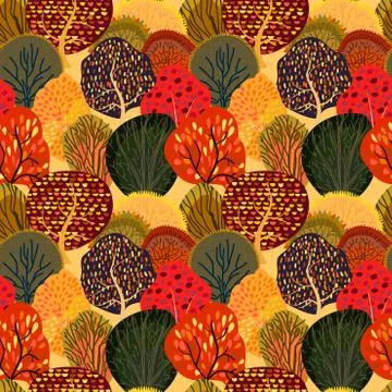 Seamless background with stylized autumn trees. Forest bright pattern. Stockillustratie