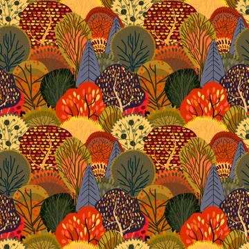 Seamless background with stylized autumn trees. Forest bright pattern. Stockillustratie