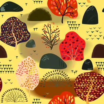 Seamless background with stylized autumn trees. Forest bright pattern. 스톡 일러스트