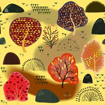 Seamless background with stylized autumn trees. Forest bright pattern. Stock Illustration