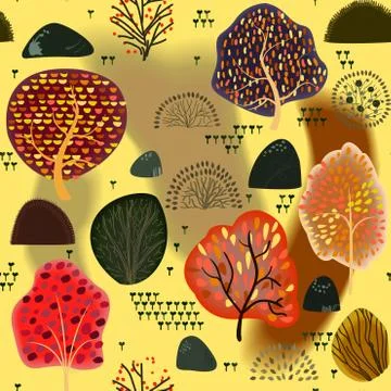 Seamless background with stylized autumn trees. Forest bright pattern. Stock Illustration
