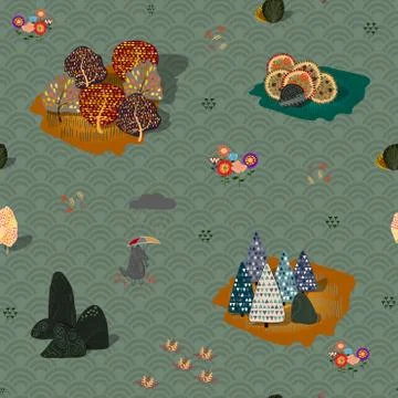 Seamless background with stylized autumn trees. Forest bright pattern. Stock Illustration