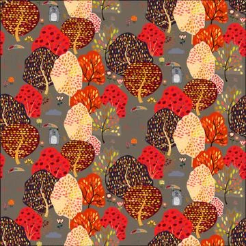 Seamless background with stylized trees. Forest bright pattern. Stockillustratie
