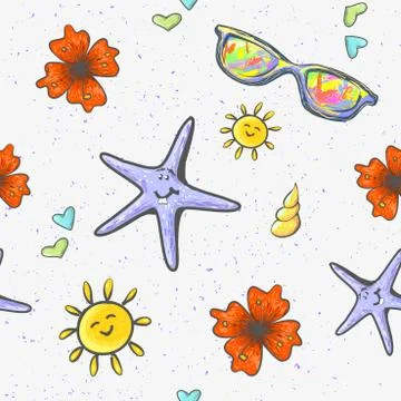 Seamless background with summer objects sea shel cute star fish character sun Stock Illustration