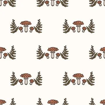 Seamless background toadstool and fern gender neutral baby pattern. Simple Stock Illustration