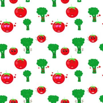 Seamless background with tomatoes and broccoli. Vector vegetables symbols. Stockillustratie