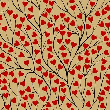 Seamless background with tree branches and leaf red heart. Stock Illustration