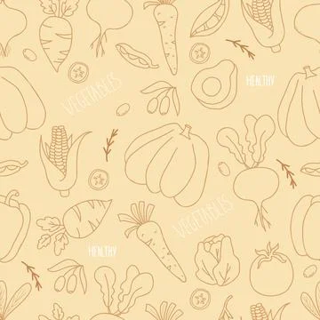 Seamless background with vegetables. Linear hand drawings Pumpkin, beets, cabbag 스톡 일러스트