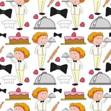Seamless background  with waiter serving food Stock Illustration