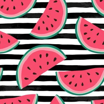 Seamless background with watermelon slices on black and white watercolor stri Stock Illustration