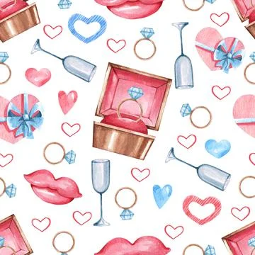 Seamless background with wedding ring, pink and blue hearts, watercolor-style Stock Illustration