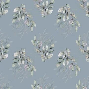 Seamless background with white and blue floral doodles, dusty blue backgrou.. Stock Illustration