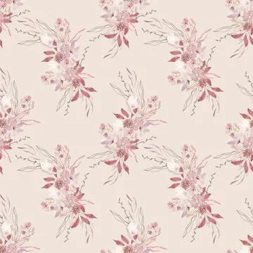 Seamless background with white and red flower doodles, powder pink backgrou.. Stock Illustration