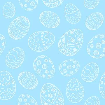 Seamless background with white contour Easter eggs on a blue background イラスト素材