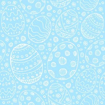 Seamless background with white contour Easter eggs on a blue background Stock Illustration