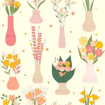 Seamless background of wild and garden blooming flowers in vases. Stock Illustration