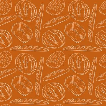 Seamless bakery pattern on brown background with white line art drawing of bread Stock Illustration