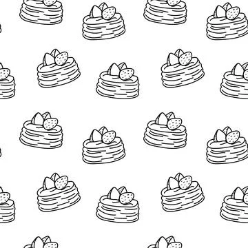 Seamless bakery pattern with cakes and strawberries outline Stock Illustration