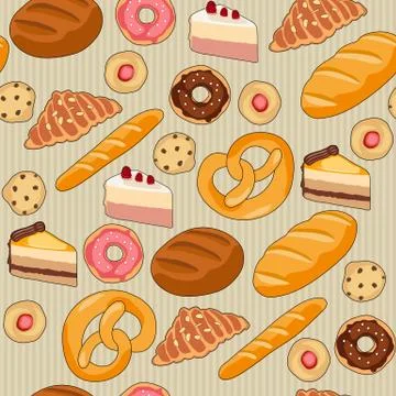 Seamless bakery pattern with hand drawn donuts, cakes, cookies, croissants and Stock Illustration