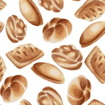 Seamless baking pattern. Watercolor illustration of baked goods. Fragrant gol Illustrazione stock