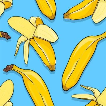 Seamless banana pattern on blue background. Stock Illustration