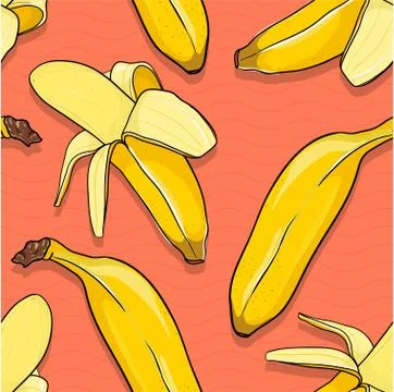 Seamless banana pattern on pink background with wavy. Illustrazione stock