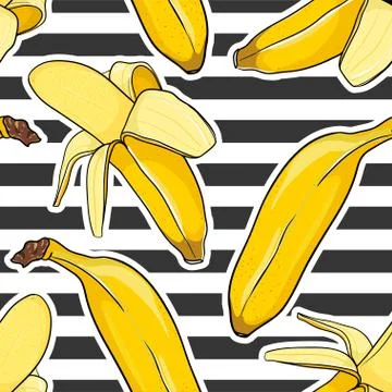 Seamless banana pattern on sriped background. Illustrazione stock